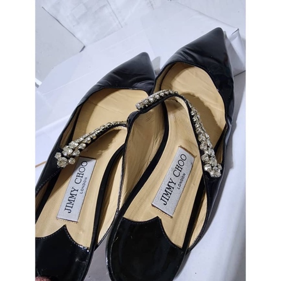 Authentic Jimmy Choo Patent Leather Flat Mules With Crystal Strap Black Size 39 - Picture 13 of 15